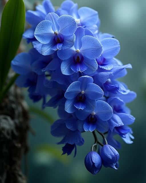 A cascade of rare blue Vanda orchids.