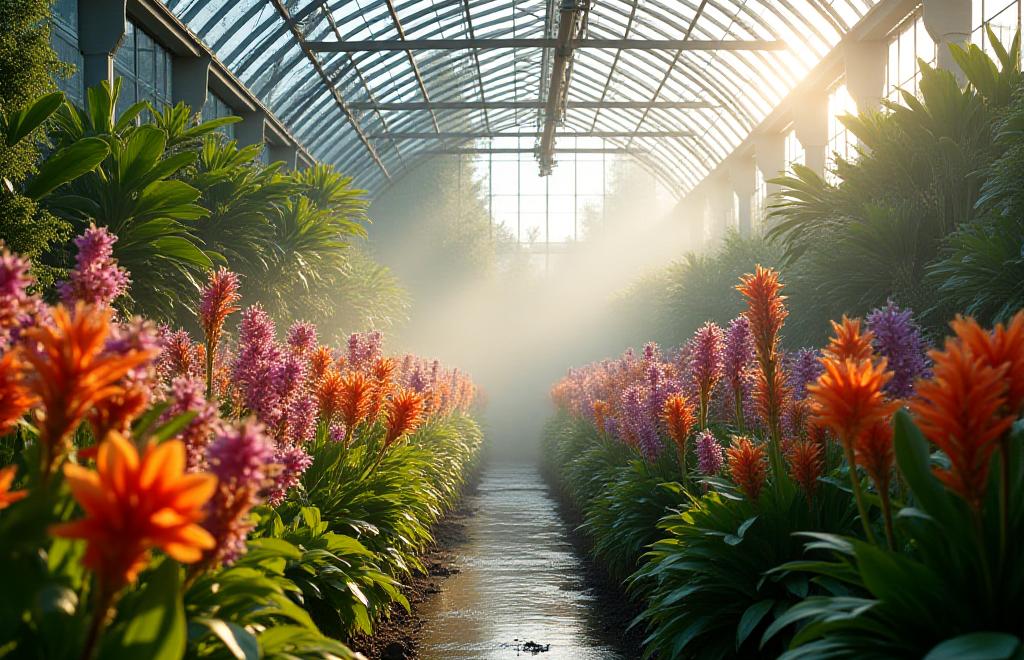 Lush interior of a Geyser Flora geothermal greenhouse with steam rising amidst exotic flowers.